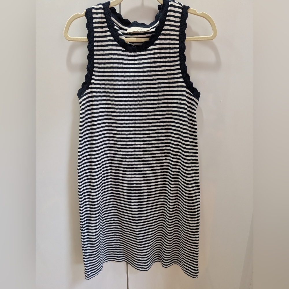 LOFT Black and White Striped Scalloped-Edge Mini Dress